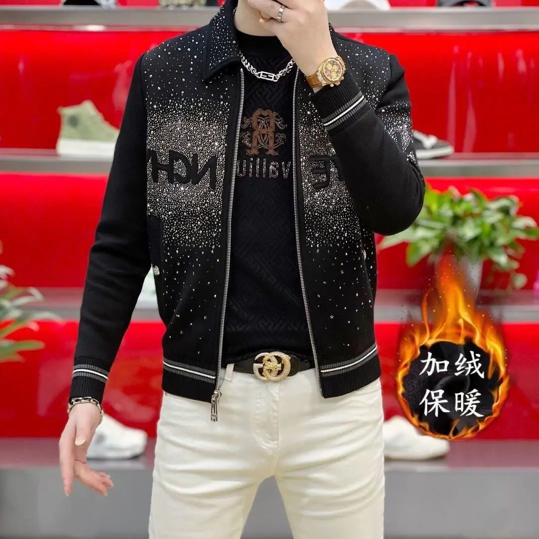 Men's Black Rhinestone Denim Jacket Luxury Sparkly Zip Up Slim Fit Casual Streetwear Coat