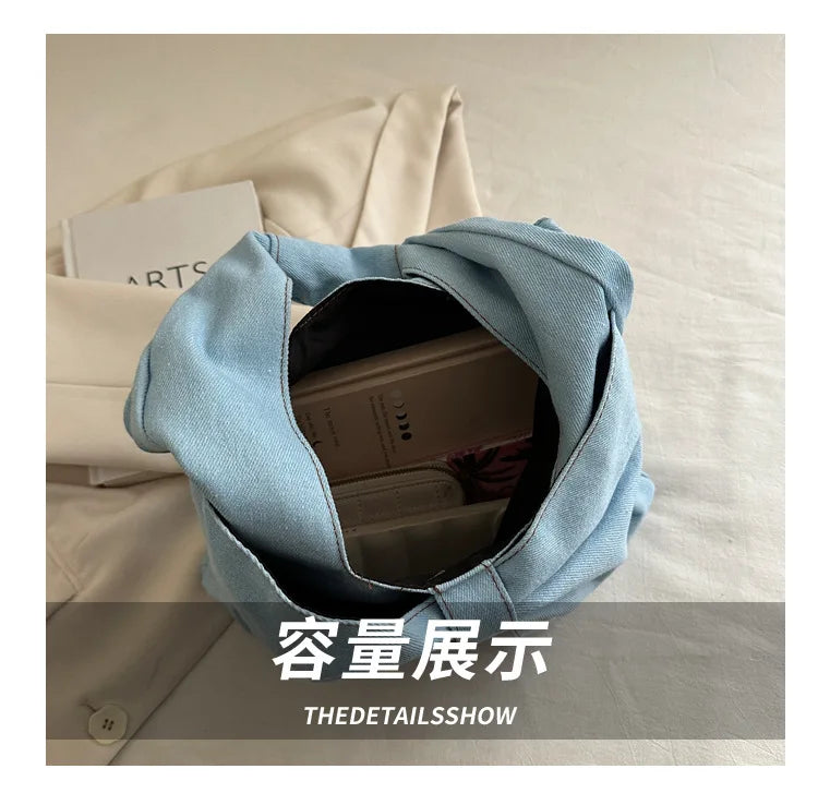 Sweet Bowknot Design Women's Denim Shoulder Bags Commuter Thread Ladies Handbags Casual Lightweight Female Underarm Tote Bag