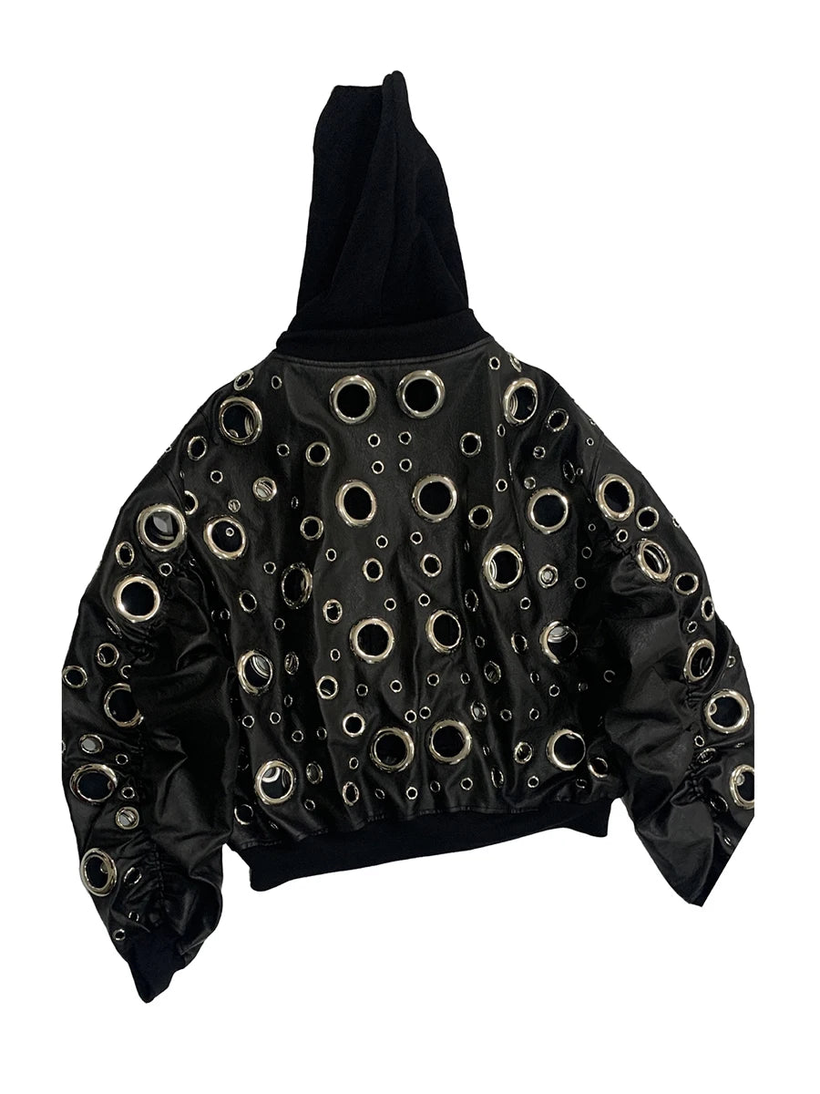Nerazzurri Autumn Oversized Hollow Out Gold Pu Leather Jacket Men with Hood Hole Luxury Fake 2 Pieces Emo Menswear Clothing 2025
