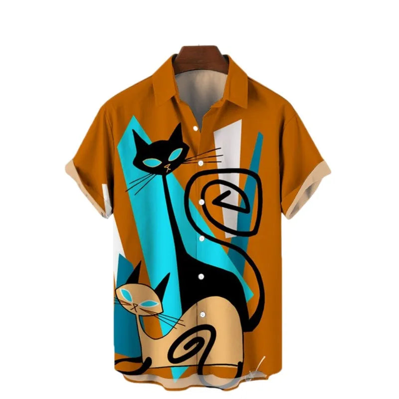 2023 Men's Hawaiian Shirt Cat Printed Short Sleeve Tops Beach Vacation Sunset Harajuku Men's Clothing Casual Unisex Style Shirts