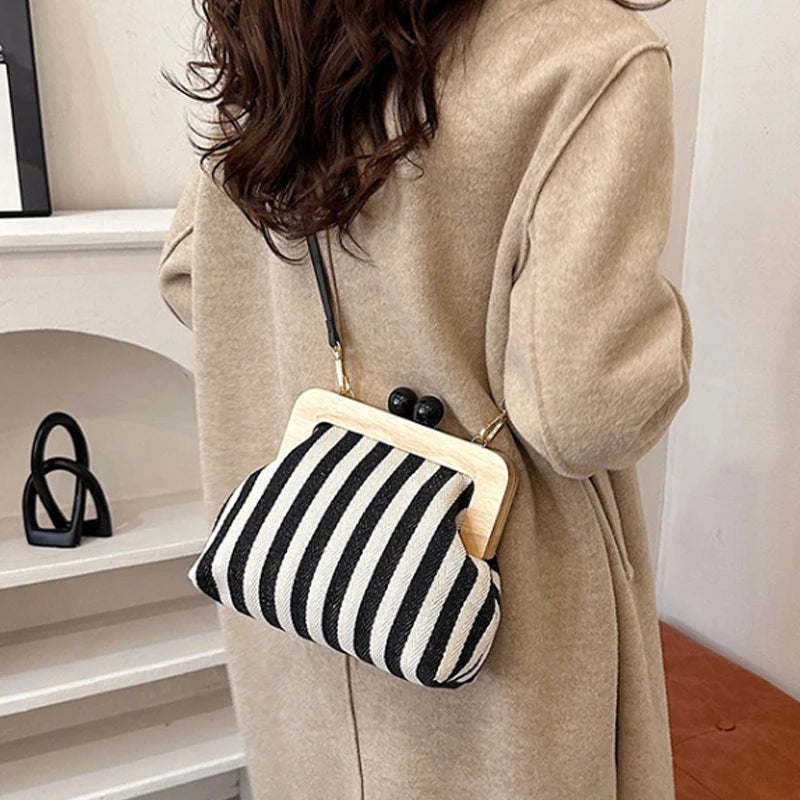 New Black Stripe Canvas Wooden Clip Bag Women Bag Fashion Shoulder Bag Crossbody Bag