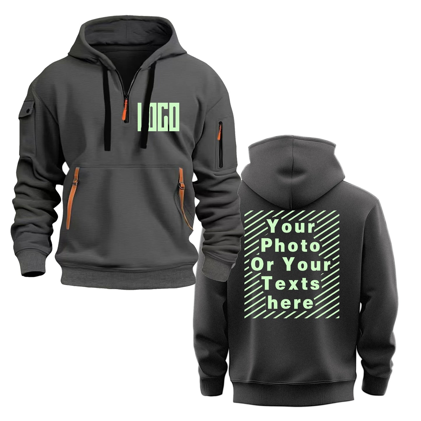 Men's and Women's Custom Printed Hoodies, Loose Casual Sportswear, Zippered Long-sleeved Hoodies with Pockets on the Sleeves