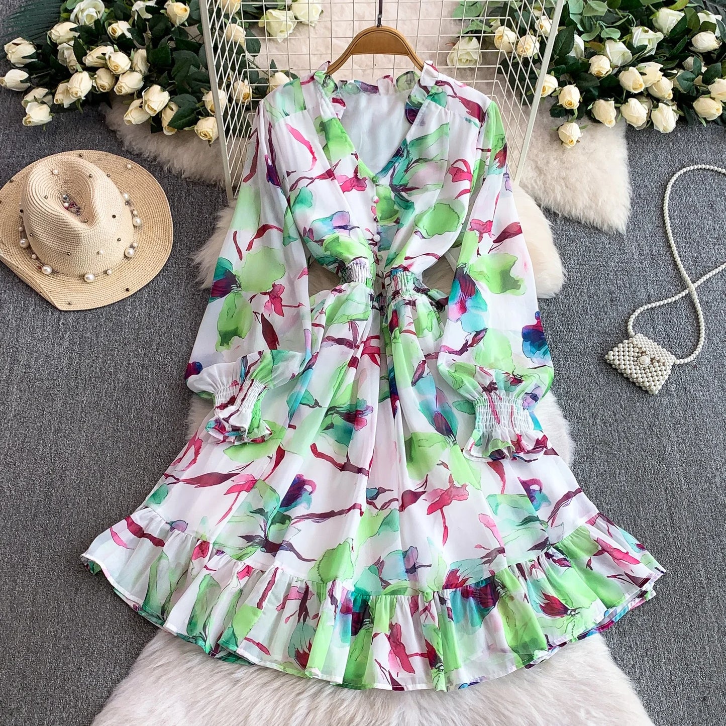 Vaion Sle V-Ne Printed Chiffon Women's Dr Elastic Waist Slimming A-Line Midi Skirt Bell Sve Long Sve Winter D...