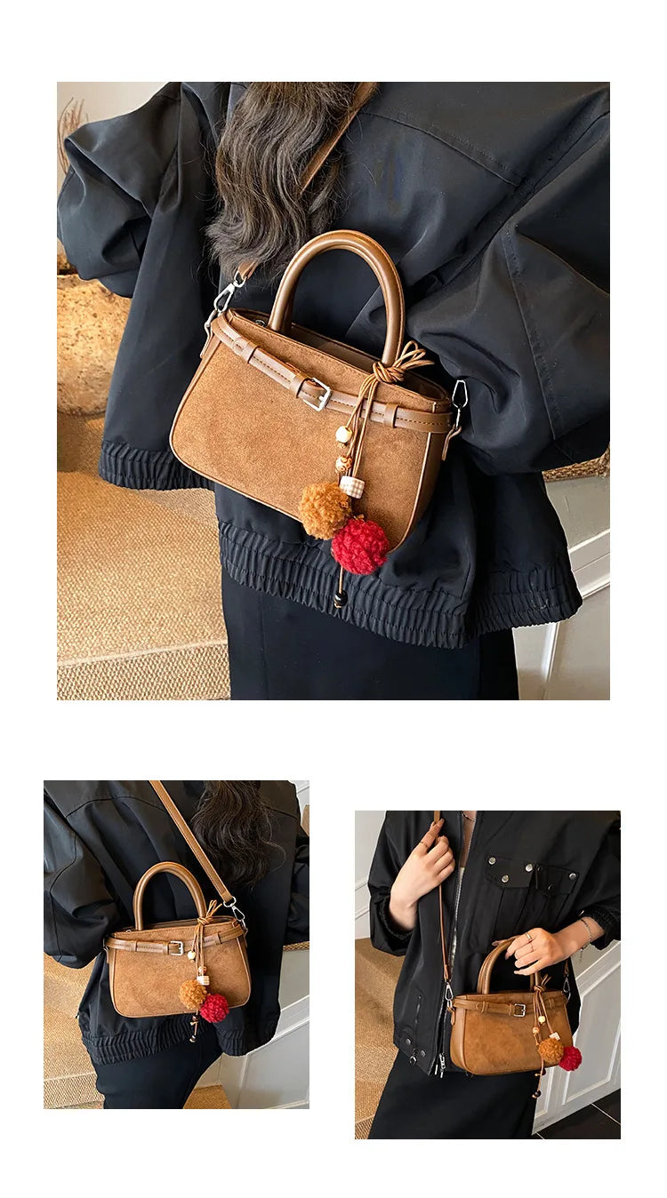 Retro Faux Suede Women's Handbag Fashionable Small Square Bag 2025 Winter Simple Short Handle Single Shoulder Crossbody Bag