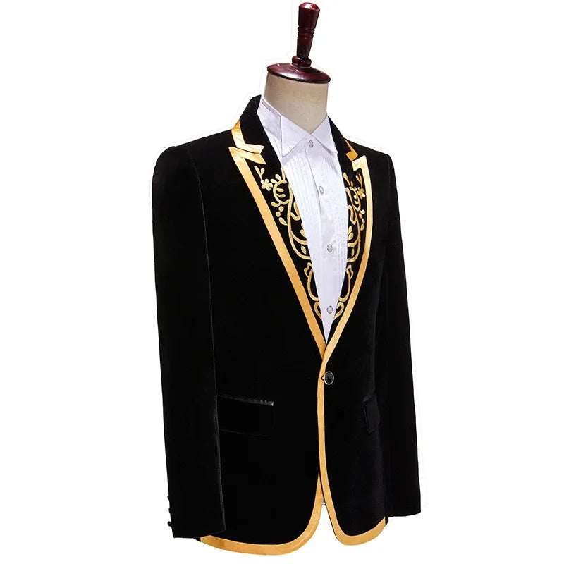 New Men High Quality Golden Velvet Embroidered Suit Slim Fit Jacket Fashion Homme Wedding Prom Party Luxury Dress Blazers