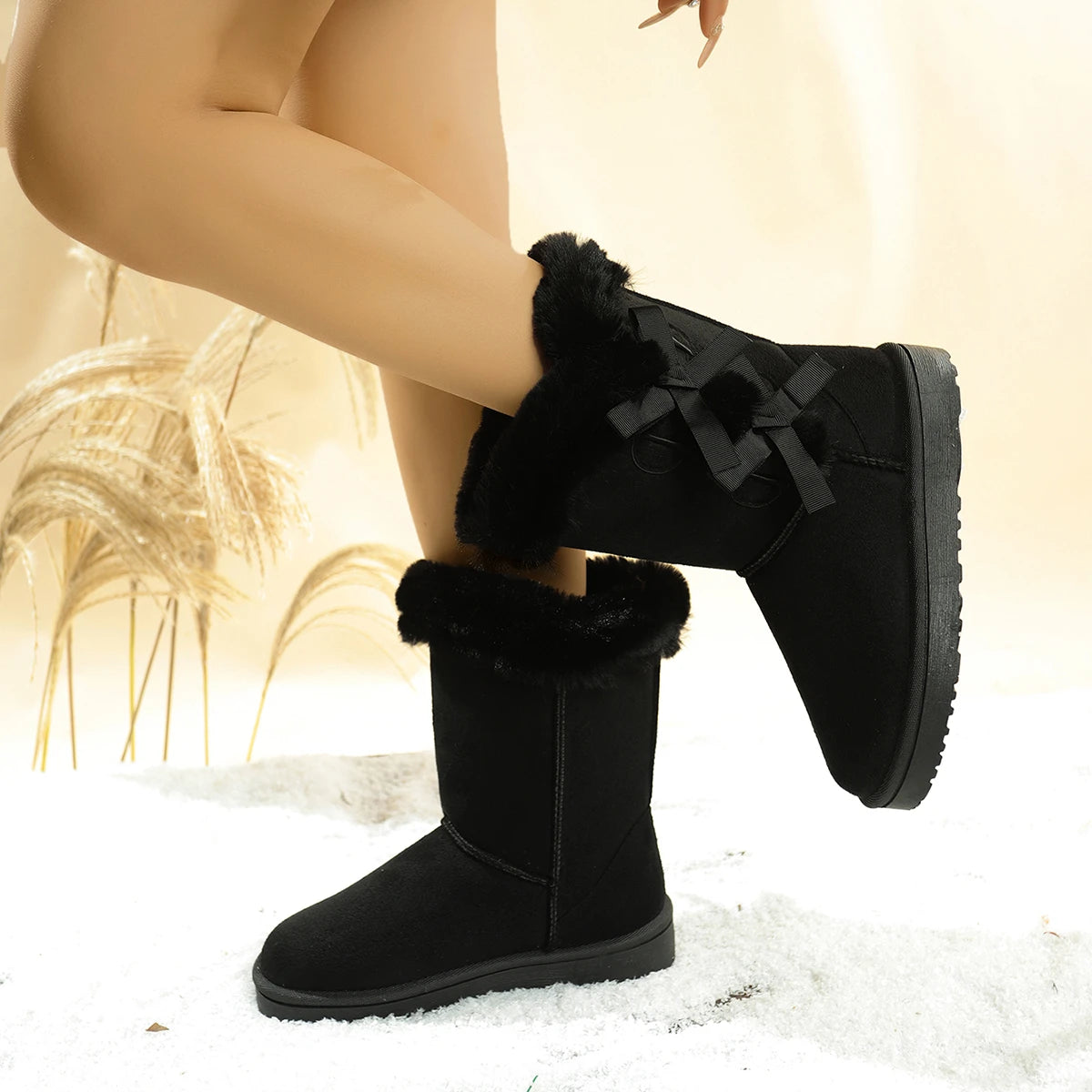 Fashion New Round Head Bow Sexy Warm Casual Walking Boots Winter Large Size Plus Velvet Comfortable Snow Boots for Women