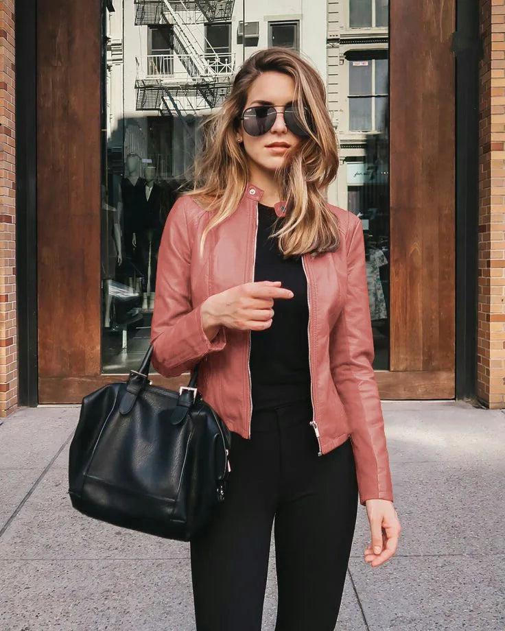 Autumn and Winter New Fashion Black Leather PU Suit Jacket Women Tops Zipper Stand Collar Slim Fit Casual Short Jacket for Women