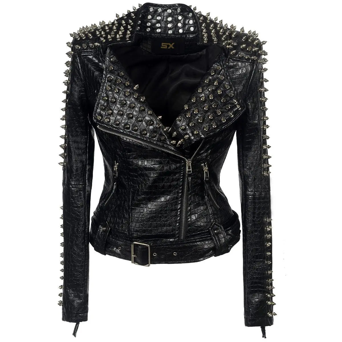Women's Plus Size Studded Faux Leather Jacket Punk Biker Coat Slim Fit Black Motorcycle Jacket with Studs Rock Streetwear Coats