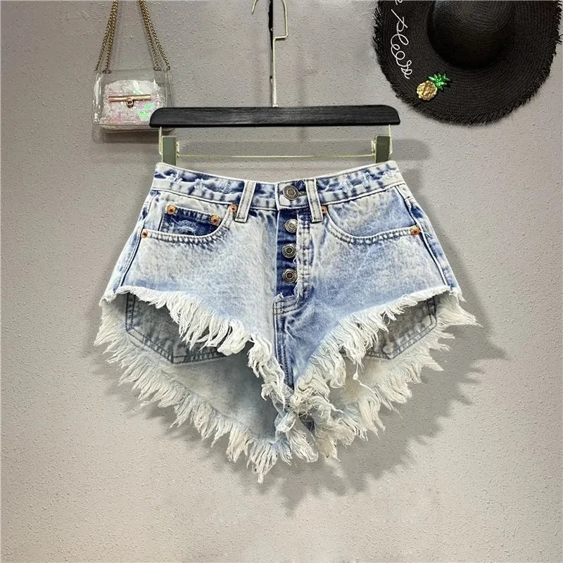 Fashion Denim Shorts Women's Streetwear Bar spicy girl A-line Wide leg Shorts Summer High waisted breasted Fringe Hot Pants