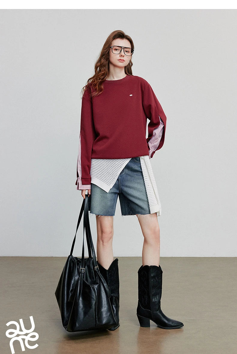 TOYOUTH Women Hoodies Sweatshirt 2025 Autumn New Patchwork Design Round Neck Long Sleeve Pullover Casual Tops