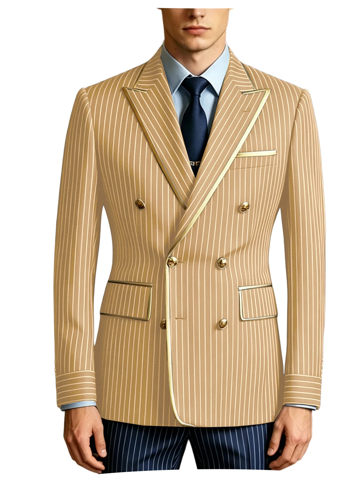 Men's Double Breasted Pinstripe Blazer Slim Fit Formal Business Suit Jacket Luxury Gold Trim  Tuxedo for Wedding Party Office