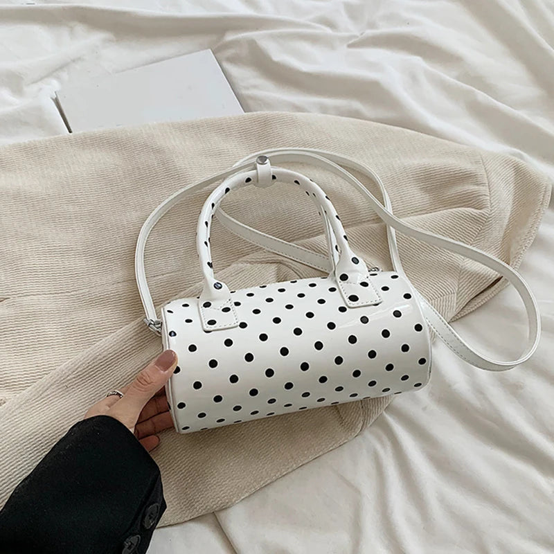 Crossbody Bag for Women Barrel Shape Mini Top Handle Purse PU Leather Polka Dot Cute Handbag Adjustable Strap Daily Use