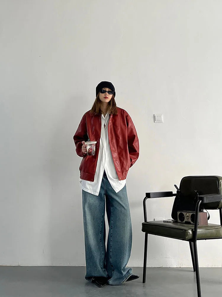 Punk Vintage Red Leather Jacket Women Streetwear Moto Biker Zipper Leather Jacket Female Winter High Street Chic Leather Coat