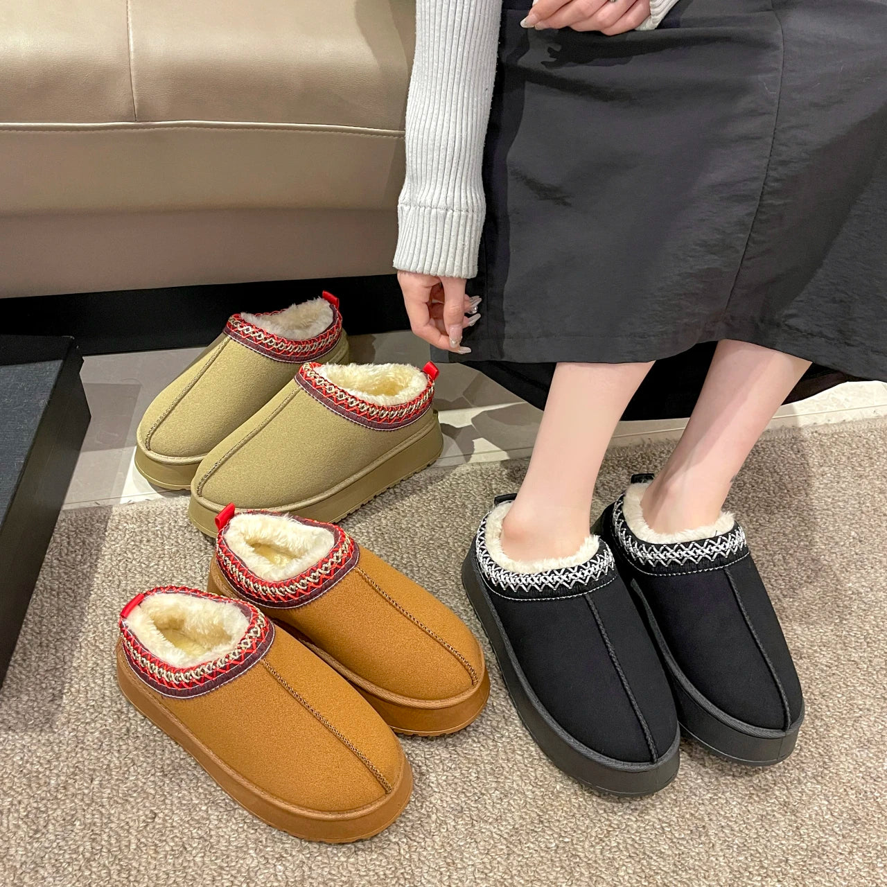 Snow Boots Women 2026 Winter New Short Cashmere Warm Thick-soled Shoes Without Heels Wool Half Slippers Women's Cotton Shoes