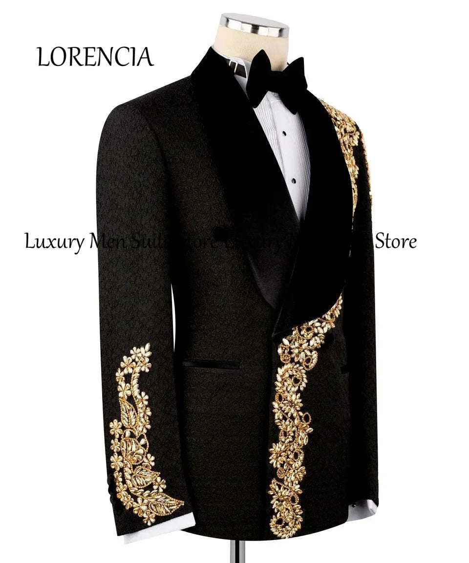 Exquisite Crystal Men's Suits 2 Pieces Rhinestone Groom Tuxedos Set Evening Party Outfits Customized Blazer Pants fatos de homem