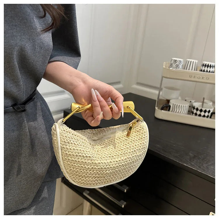 Luxury Metal Handle Clutch Bag Women Exquisite Handmade Rattan Woven crossbody Bag Half-moon Beach Bags Roomy Straw Tote Bag