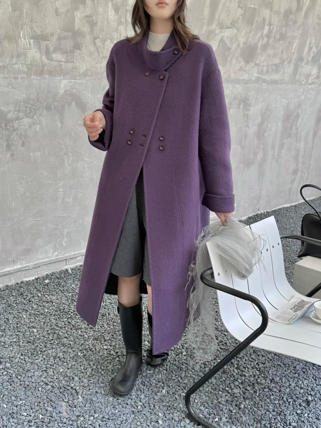 Ladies' 100% wool coat, high-end slimming stand up collar, double breasted loose long woolen coat, autumn and winter bestseller