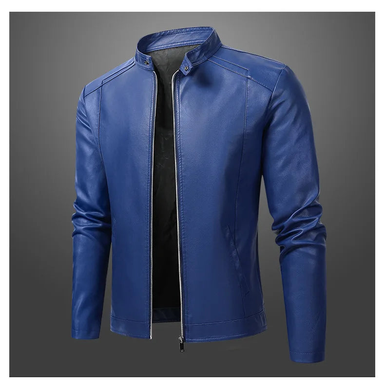 White and Red Patchwork Men's PU Jacket, Stylish Vintage Biker Faux Leather Coat, Available in Black or Brown.