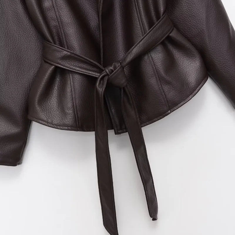 Women 2026 Spring Autumn New Hot Selling Solid Color Belted Slim Fit Faux Leather Jacket Coat Fashion Trendy Chic Outerwear Best