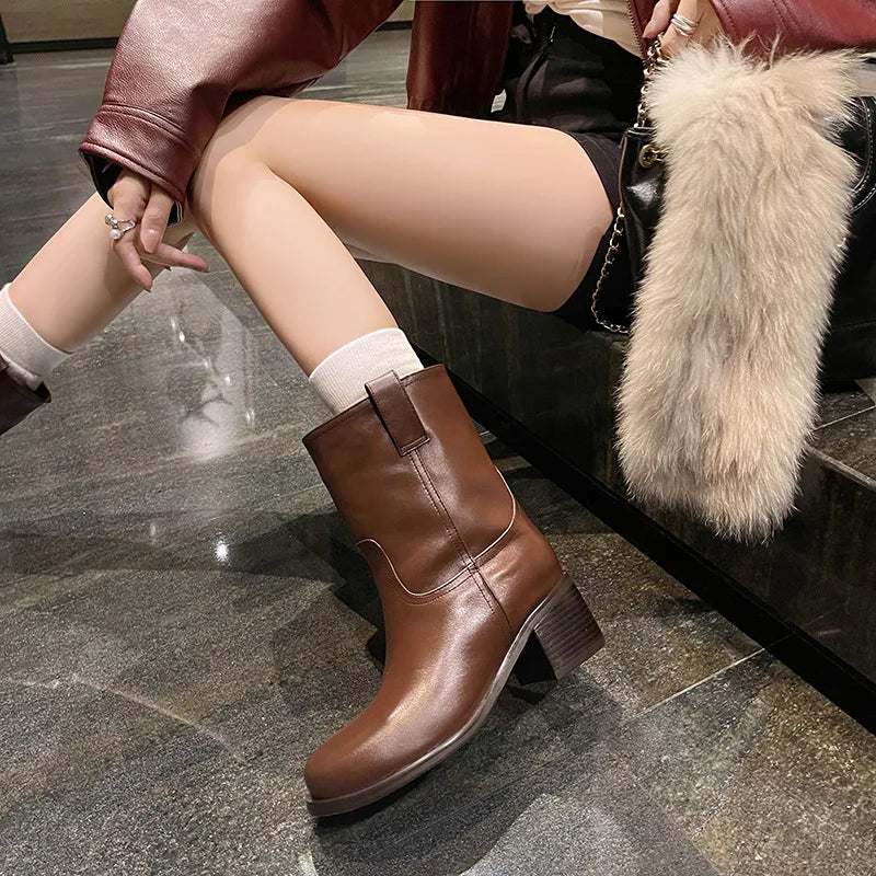 Arden Furtado Autumn Cowhide Knee High Boots Round Toe Pull-On Chunky Heels Riding Boots British Style Large Size Boots