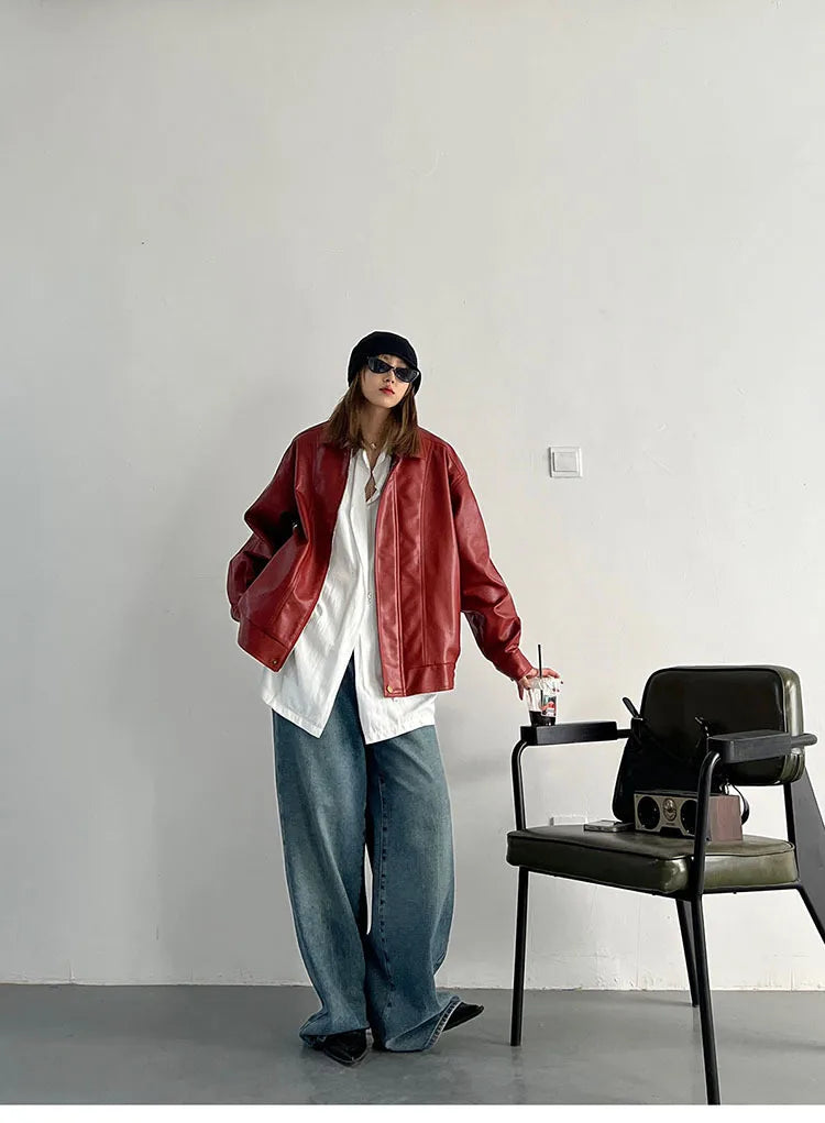 Punk Vintage Red Leather Jacket Women Streetwear Moto Biker Zipper Leather Jacket Female Winter High Street Chic Leather Coat
