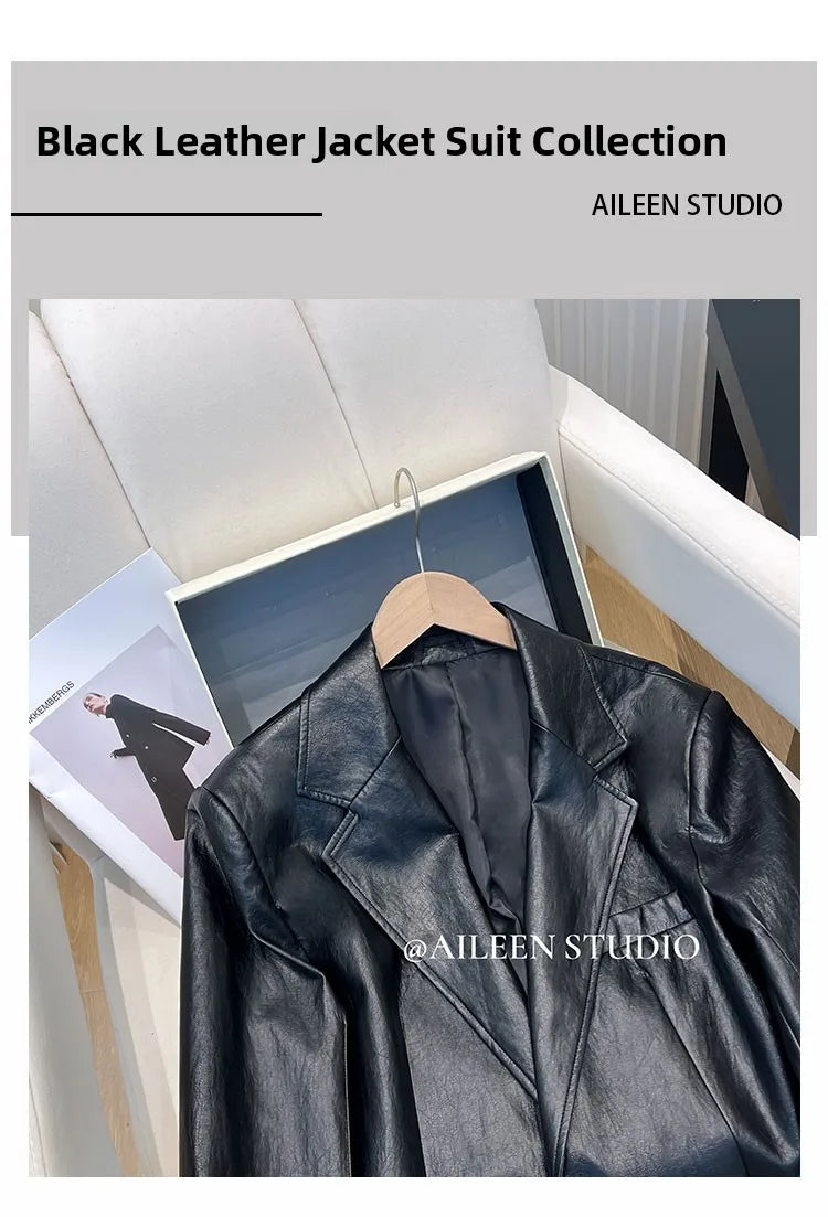 Black Leather Jacket Women's Autumn 2026 New Korean Loose High-End Feeling Personality Suiting PU Material Top Trendy