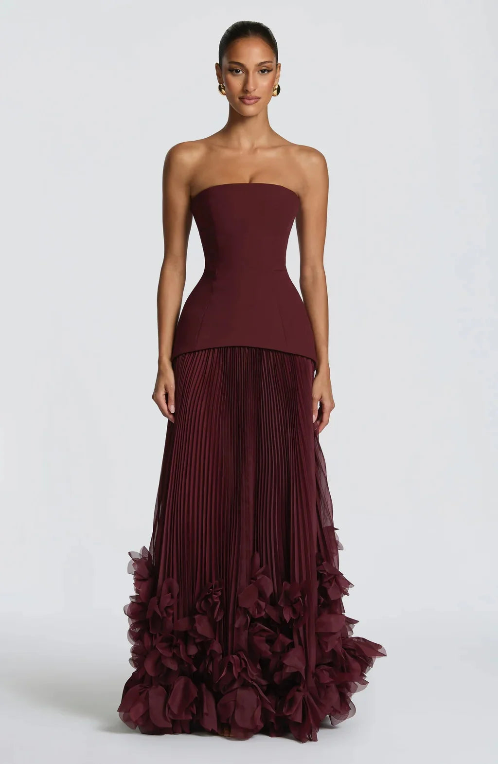 Sexy Lemon Strapless Corset Maxi Gown Sleeveless Corset Pleated Chiffon 3d Floral Hem Flowy Skirt Formal Evening Party Wear