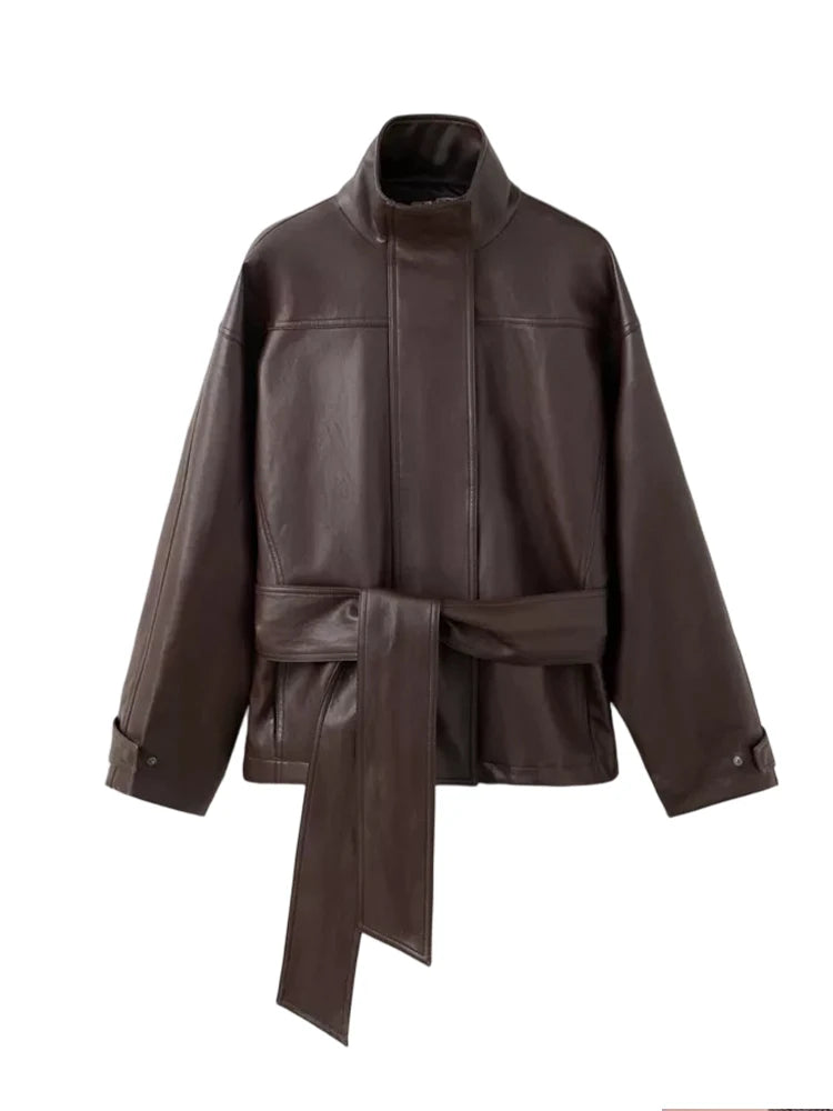 Faux Leather Jacket Stand Collar Winderbreaker Woman Waist Tie Belt Coat Long Sleeve Loose PU Leather Coat Street Wear Clothes