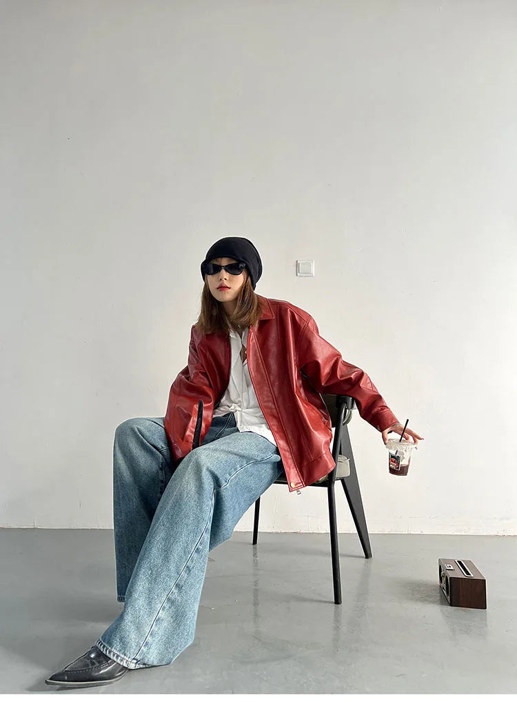 Punk Vintage Red Leather Jacket Women Streetwear Moto Biker Zipper Leather Jacket Female Winter High Street Chic Leather Coat