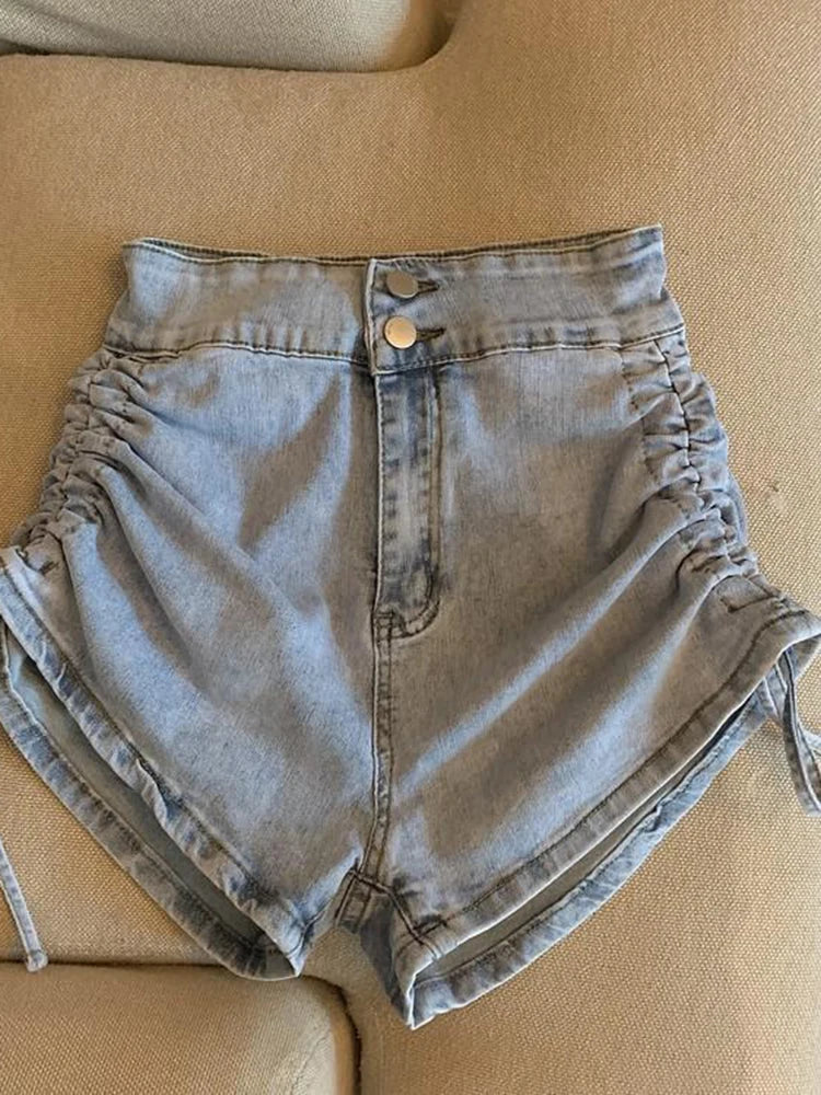 Zoki Sexy Shirring Slim Denim Shorts Women Fashion Korean High Waist Casual Shorts Summer Button All Match Harajuku Shorts New