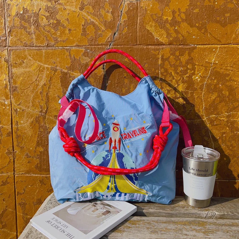 Large Medium Embroidered Shopping Bag, Casual Handheld Simple Large Capacity Shoulder Bag Shoulder Straps Included