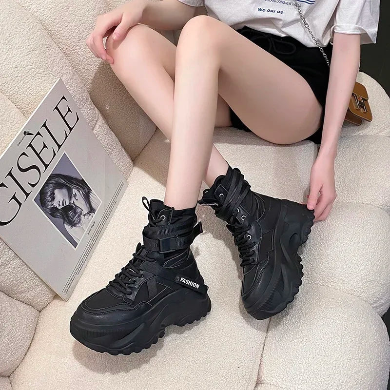 Fashion Platform Ankle Boots for Women Chunky Thick Sole Lace Up Motorcycle Boots Ladies Light Cozy Non-slip Shoe Botas De Mujer