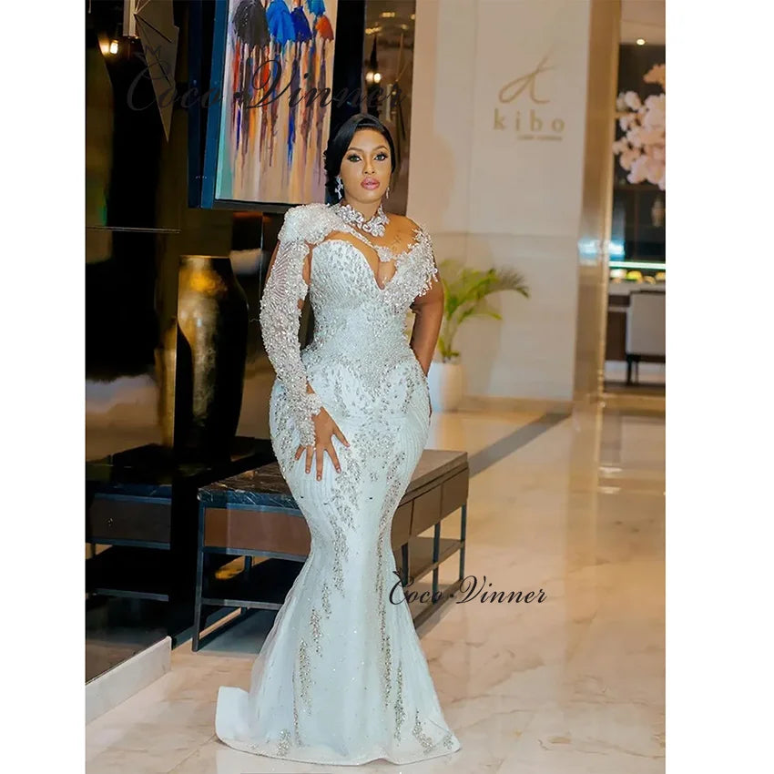 Customized High Neck  Africa Luxury Mermaid Wedding Dresses 2026 Detachable Ruffle Train Beaded Lace Wedding Dress Women W1433