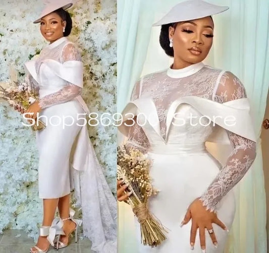 White Wedding Dress Lace Long Sleeves Tea Length Satin Classic African Women Bridal Party Gowns Vestidos De Noiva customized