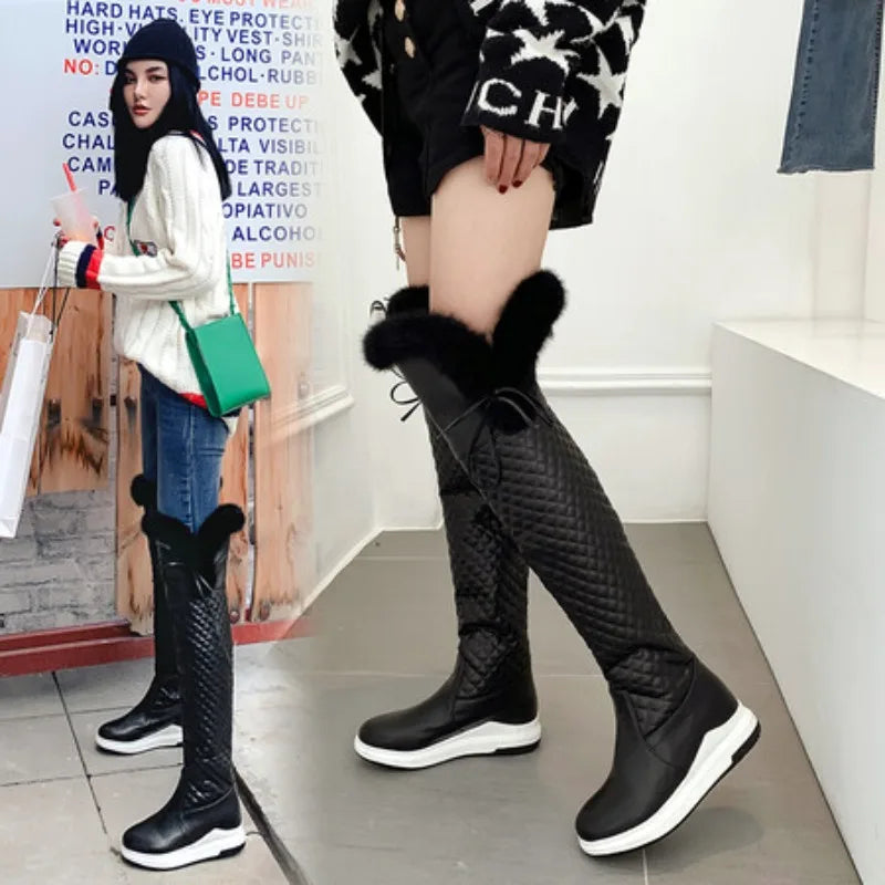 Women's Winter High Snow Boots Warm Fur Plush Black White Over the Knee High Boot Ladies Casual Wedge Heels Rain Shoe Waterproof
