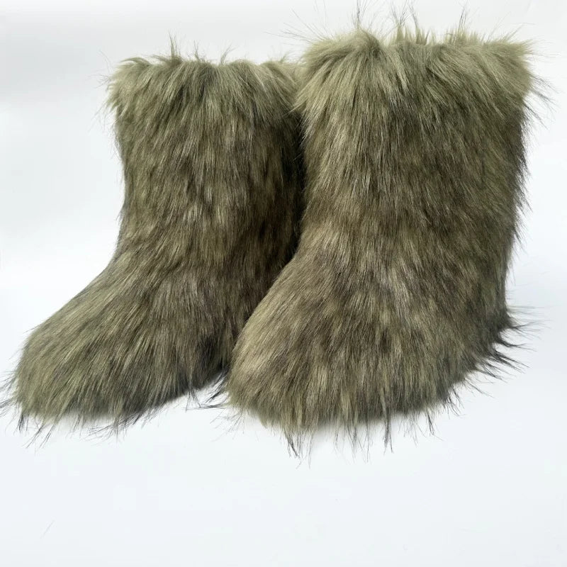 Cute High Quality Faux Raccoon Fox Fur Shibuya Gal Thickened Plus Size Mid-Calf Faux Fur Warm Winter Snow Boots for Women