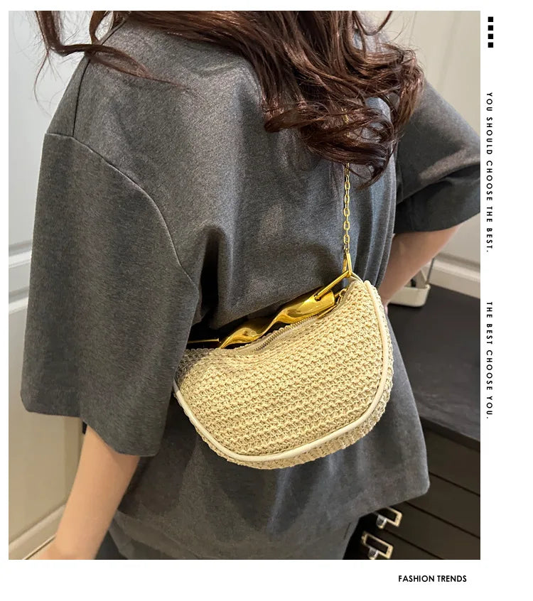 Luxury Metal Handle Clutch Bag Women Exquisite Handmade Rattan Woven crossbody Bag Half-moon Beach Bags Roomy Straw Tote Bag