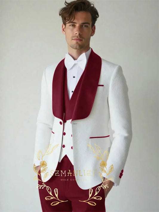 White Floral Wedding Men's 3-piece Suit Set (Jacket Pants Vest) Groom Tuxedo Formal Blazer Elegant Groomsmen Suit for Men