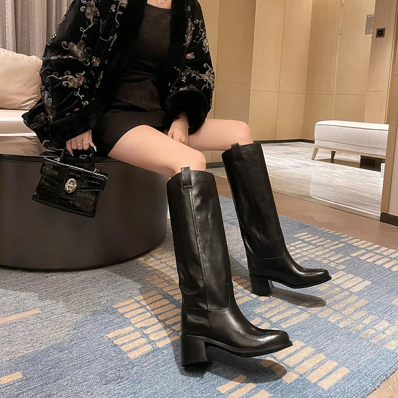 Arden Furtado Autumn Cowhide Knee High Boots Round Toe Pull-On Chunky Heels Riding Boots British Style Large Size Boots