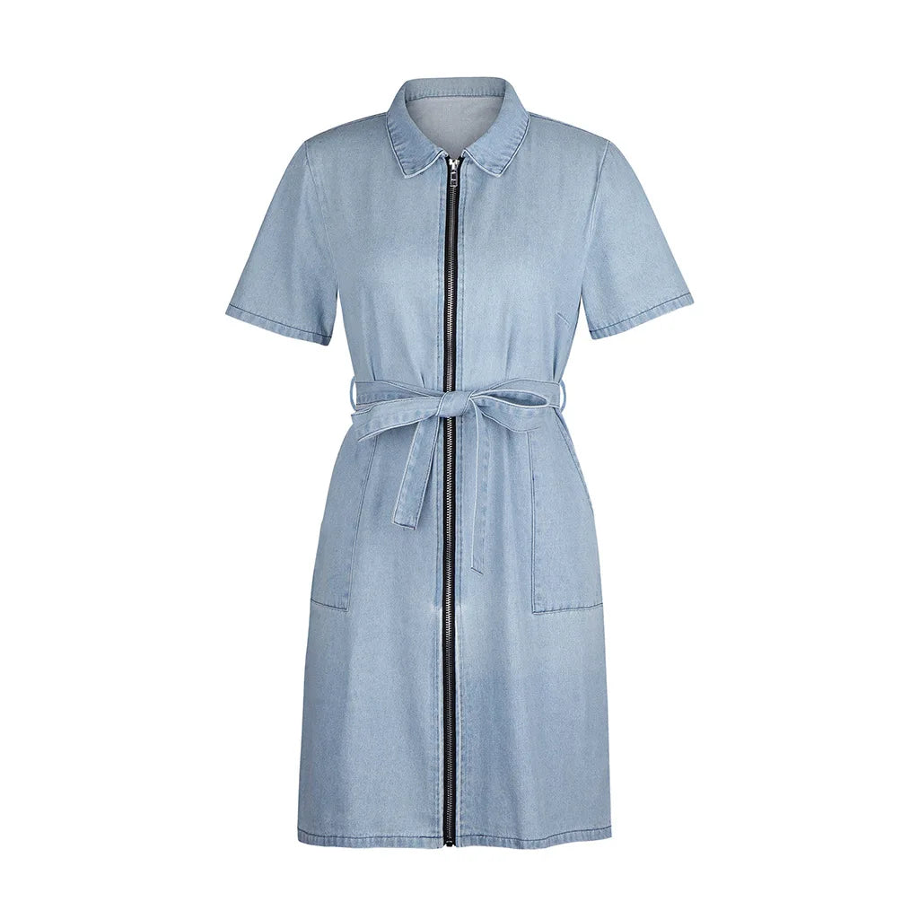 Denim Dresses Women Mini Dress Vintage Turn Down Collar Lace Up Zipper Pockets Distressed Summer Vestidos Streetwear 2025