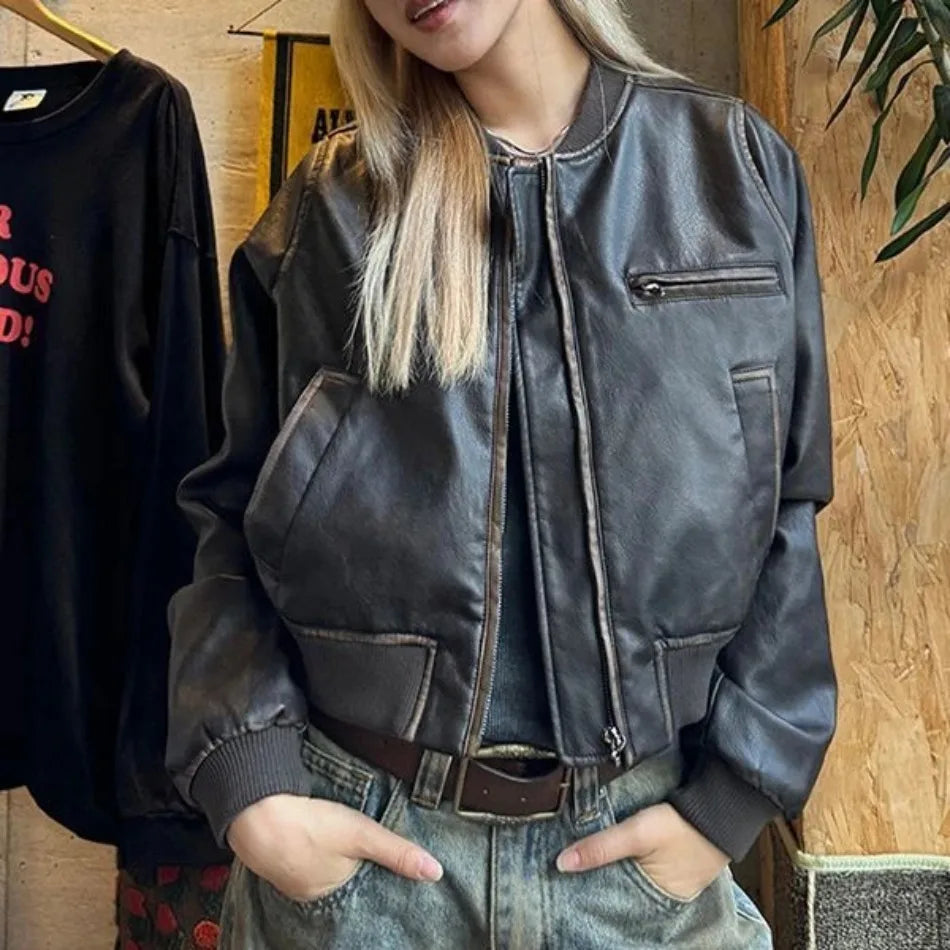 New in Autumn Winter Women High End Short Motorcycle Leather Jacket Women Top Retro Brown Loose Casual Coat Female Clothing