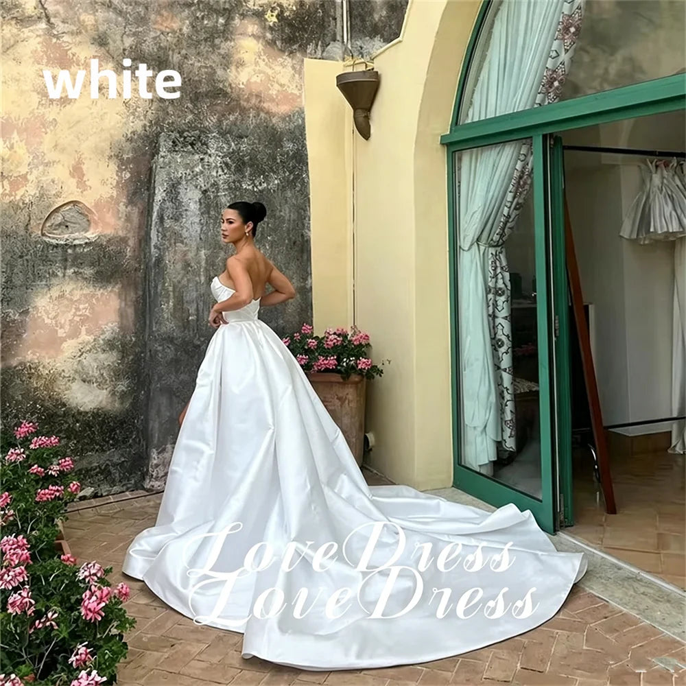 Customized Simple Stain Strapless Pleats A-Line High Side Slit Wedding Dress Pastoral Sleeveless Boat Neck Backless Lace Up 2026