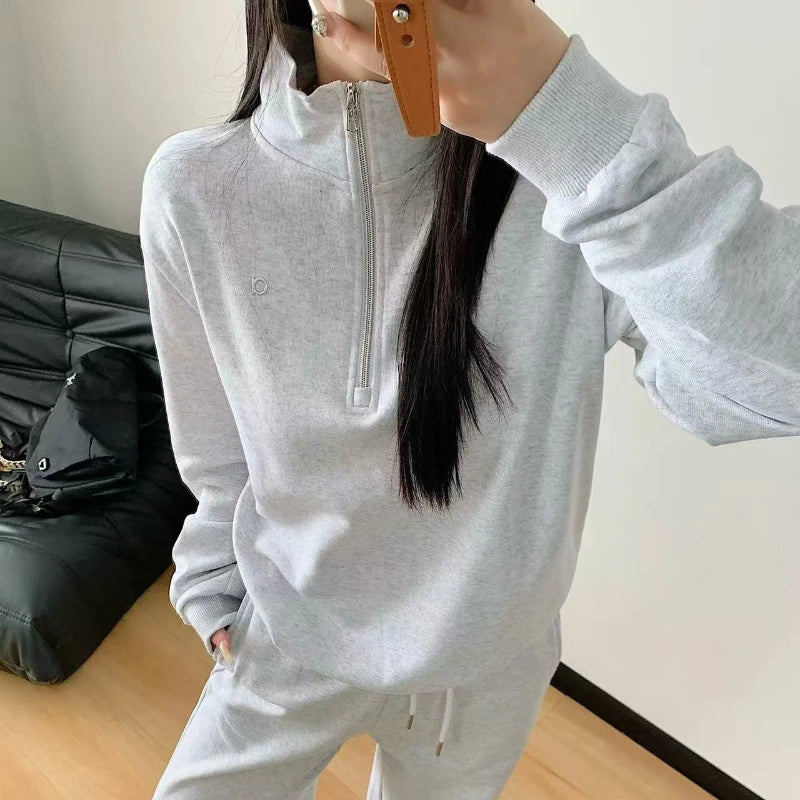 Korean Cotton Loose Fit Sports Pullover Fashion Stand Collar Half-zip Sweatshirt Classic Versatile Autumn Long Sleeves Hoodies