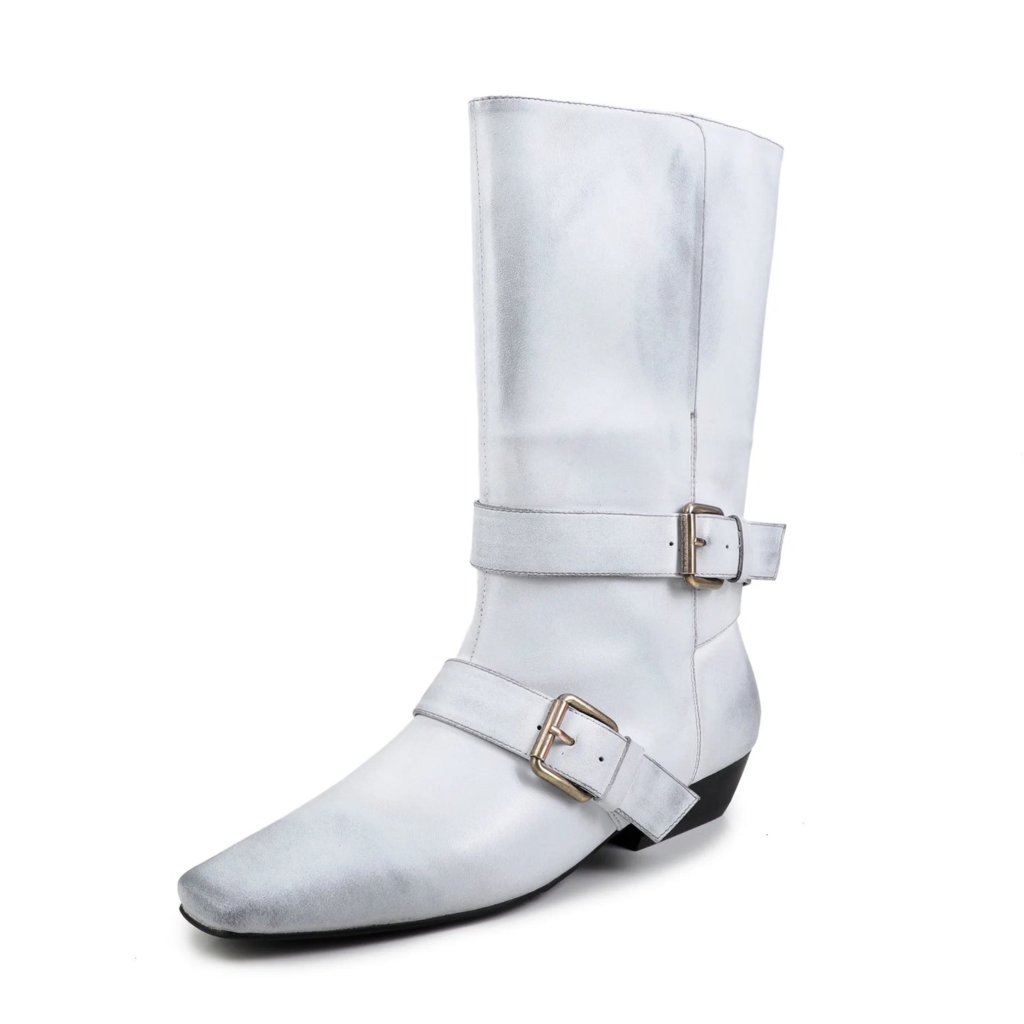 Arden Furtado Autumn Belt buckle cowhide Mid-Calf boots Square toe pull-on Middle heel Modern boots Large size Women's Boots
