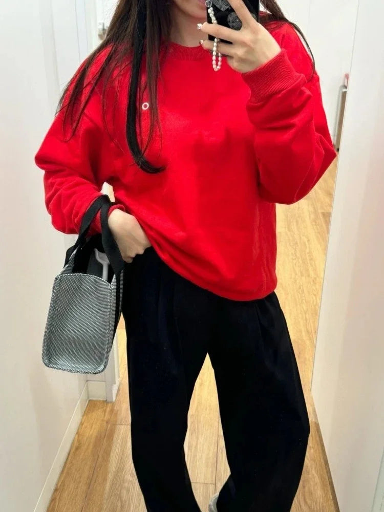 Women's Sports Sweatshirts O-Neck Solid Black Red Classic Letter Loose Casual Pullovers Fashion Long Sleeve Hoodies for Women