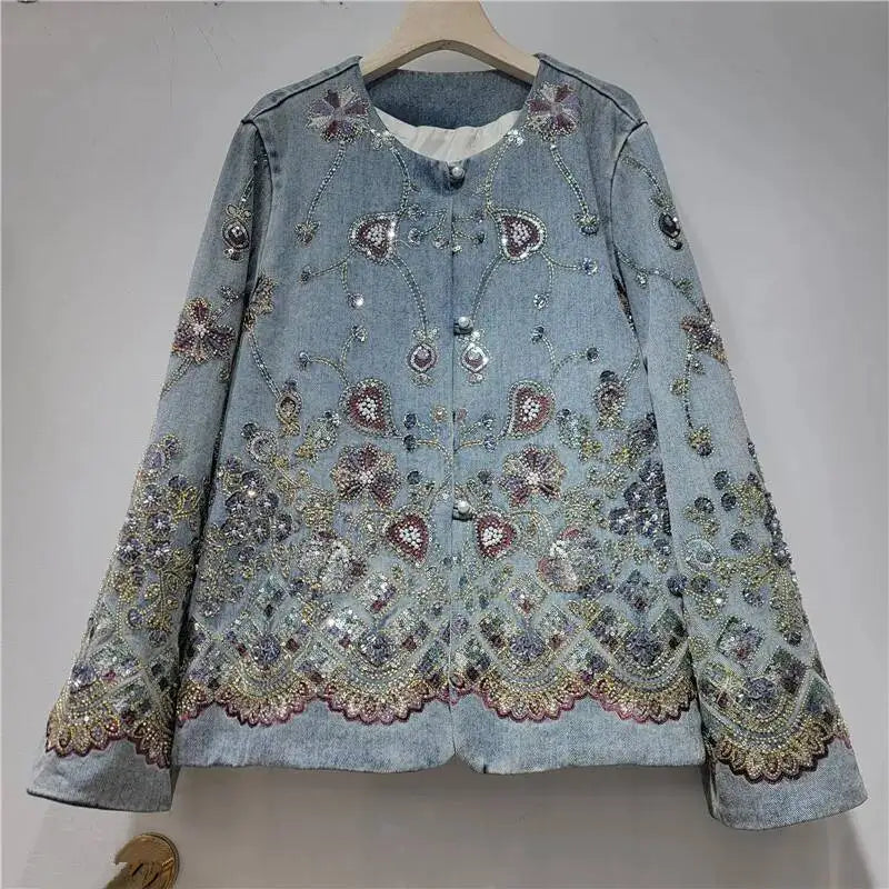 DEAT Women's Denim Coat Luxury Colorful Sequins O-neck Embroidery Single Breasted Jackets 2026 Autumn New Fashion 29A8728