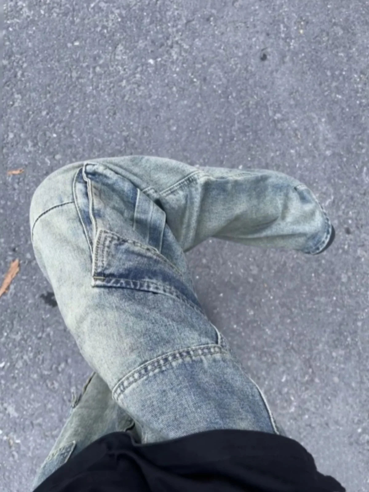 Retro American Washed Multi-Pocket Workwear Flared Jeans Men's Straight Loose Wide Leg Long Pants Cotton Polyester Blend