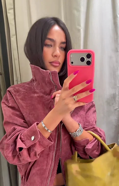 Women Stand Collar Leather Pilot Jacket Red Zipper Cropped Coat Fashion Casual Fashion Outerwear 2026 New Arrival Streetwear