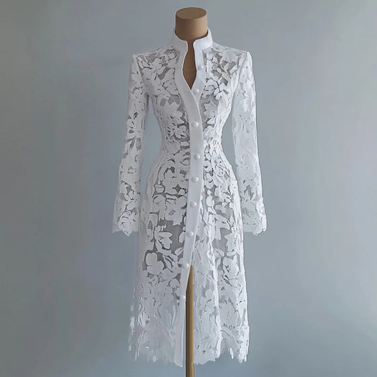 Women's Lace Dress for Women Fall Stand Collar Single Breasted Long Sleeve Coat Midi Dress See Through Elegant Sweet Dresses