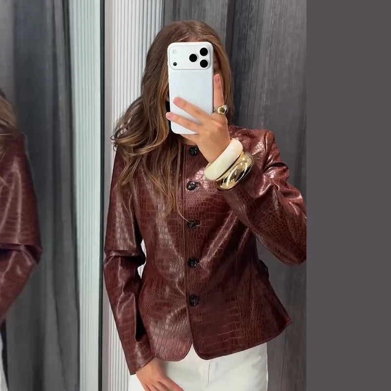 Street Fitted Leather Jackets Women Shoulder Pad Single Breasted Long Sleeves Pu Coats Female 2026 Autumn New Chic Outwears Lady